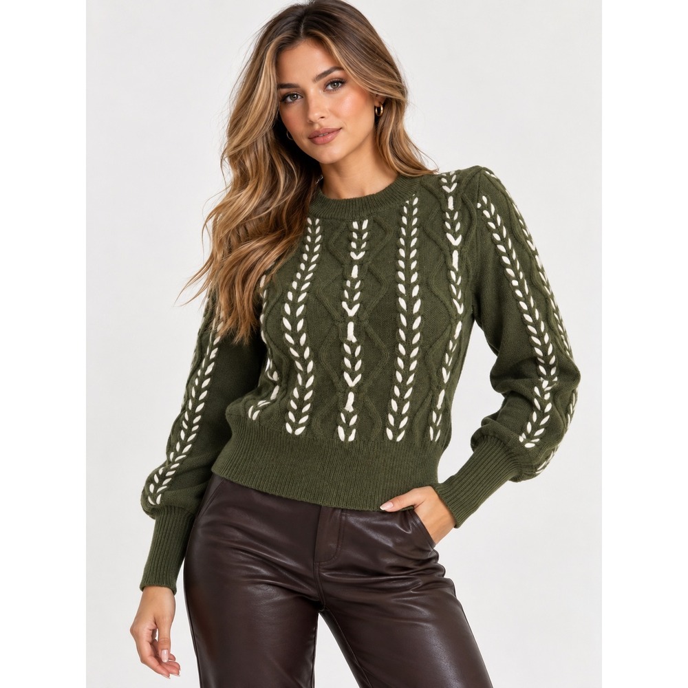 COMMENSE Contrast Binding Cinched Cable Knit Sweater Olive Green Size S